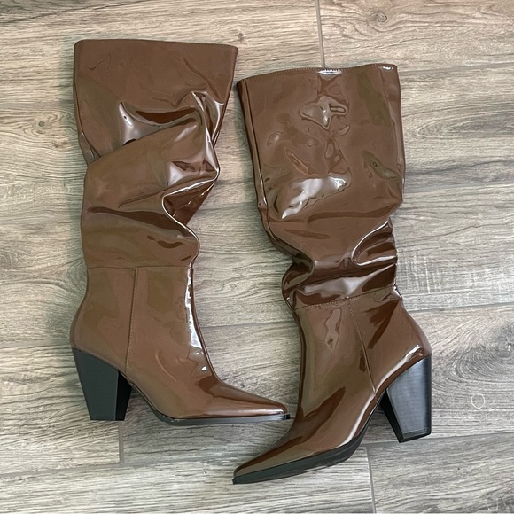 Nasty Gal Shoes - Nasty Gal Faux Patent Leather Tall Brown Boots 3.5" heels women’s size 8 EUC